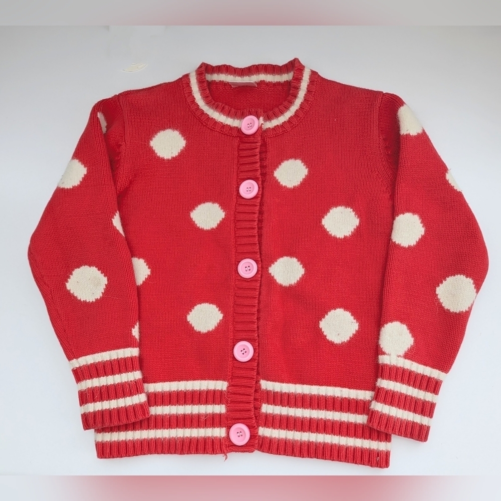 Kids' (13) Red & White Polka-Dot Knit Sweater/Cardigan